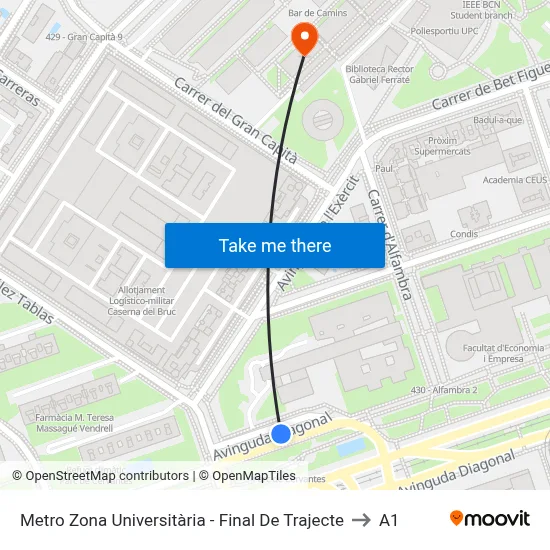 Metro Zona Universitària - Final De Trajecte to A1 map