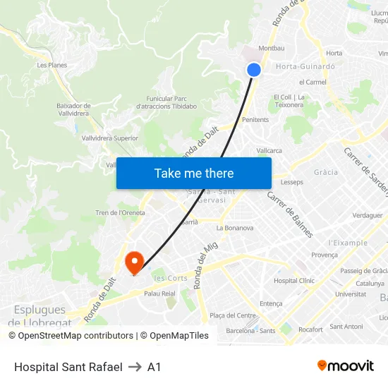 Hospital Sant Rafael to A1 map