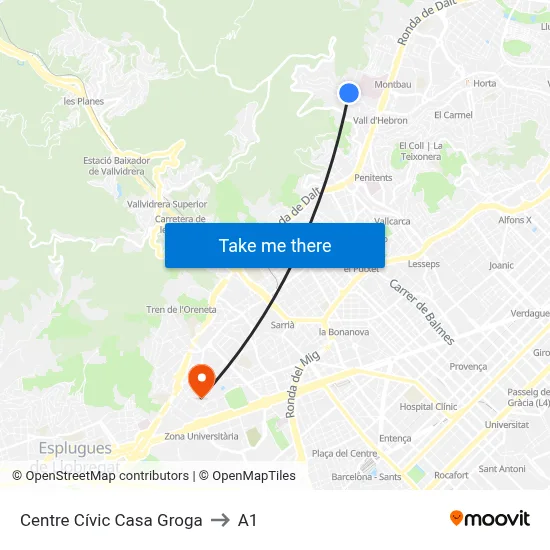 Centre Cívic Casa Groga to A1 map