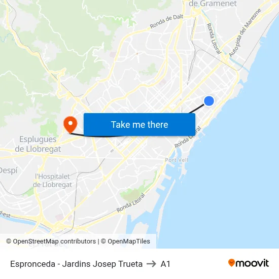 Espronceda - Jardins Josep Trueta to A1 map