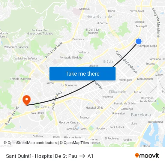 Sant Quintí - Hospital De St Pau to A1 map