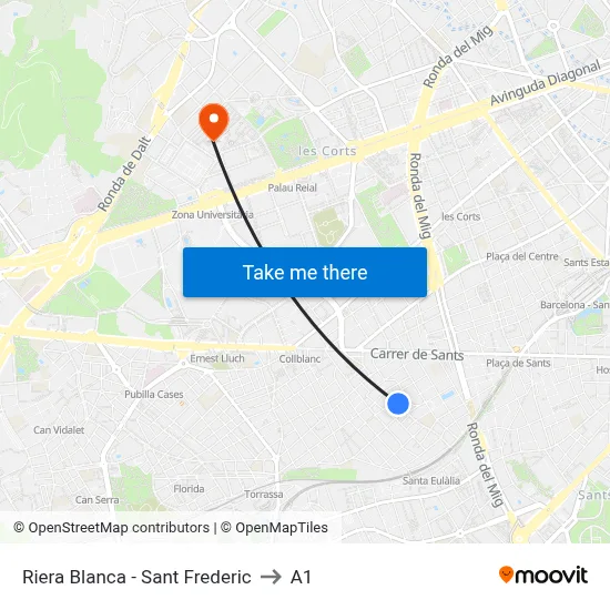 Riera Blanca - Sant Frederic to A1 map