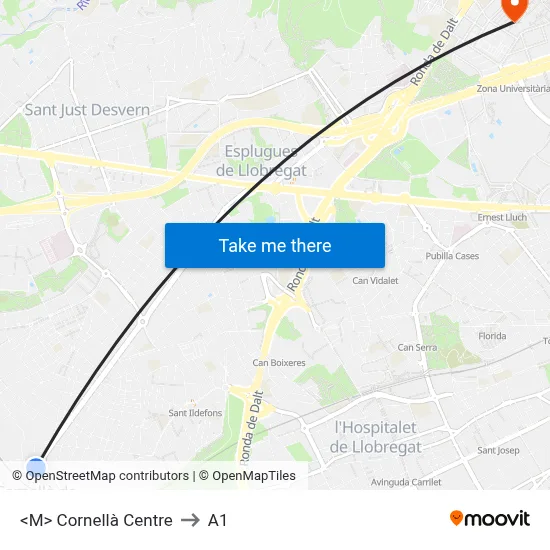 <M> Cornellà Centre to A1 map