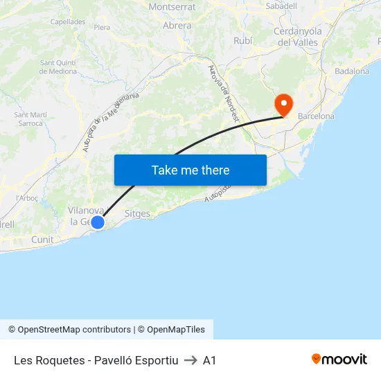 Les Roquetes - Pavelló Esportiu to A1 map