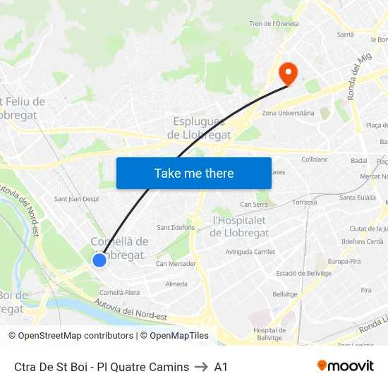 Ctra De St Boi - Pl Quatre Camins to A1 map