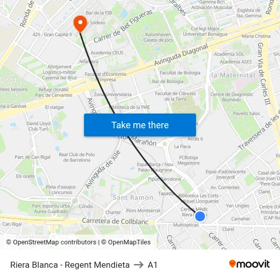 Riera Blanca - Regent Mendieta to A1 map