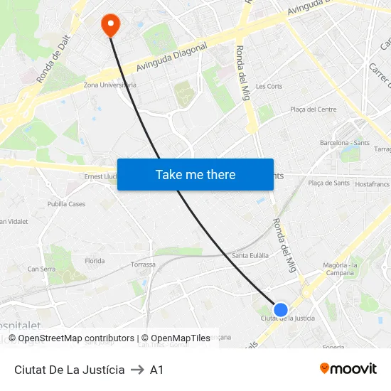 Ciutat De La Justícia to A1 map