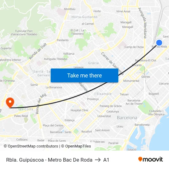 Rbla. Guipúscoa - Metro Bac De Roda to A1 map