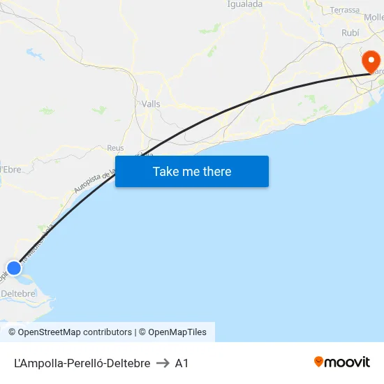 L'Ampolla-Perelló-Deltebre to A1 map
