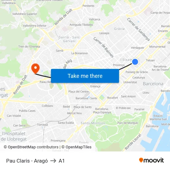 Pau Claris - Aragó to A1 map