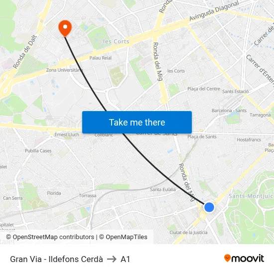 Gran Via - Ildefons Cerdà to A1 map