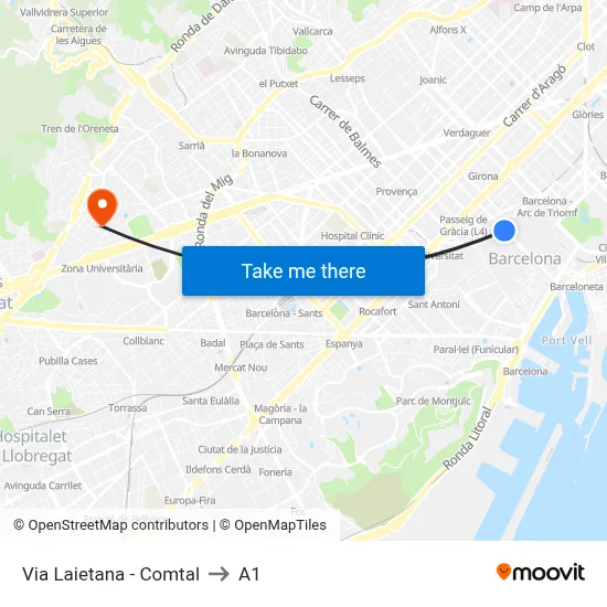 Via Laietana - Comtal to A1 map