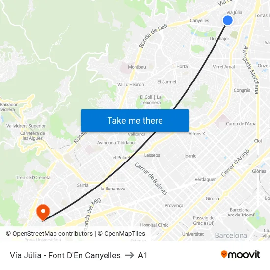 Vía Júlia - Font D'En Canyelles to A1 map
