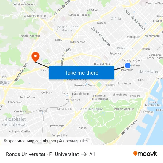 Ronda Universitat - Pl Universitat to A1 map