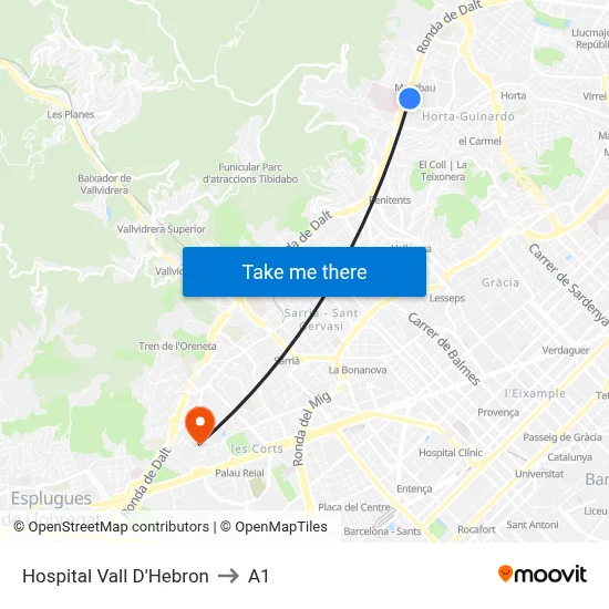 Hospital Vall D'Hebron to A1 map