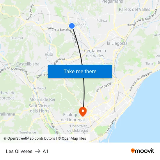 Les Oliveres to A1 map