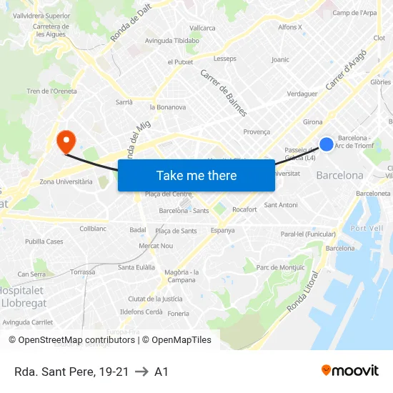 Rda. Sant Pere, 19-21 to A1 map