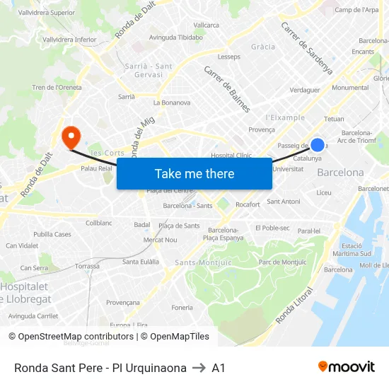 Ronda Sant Pere - Pl Urquinaona to A1 map