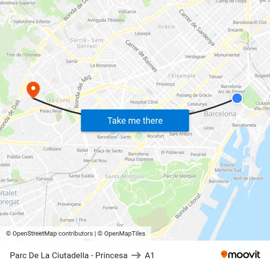 Parc De La Ciutadella - Princesa to A1 map