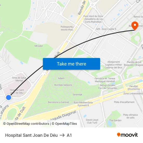 Hospital Sant Joan De Déu to A1 map