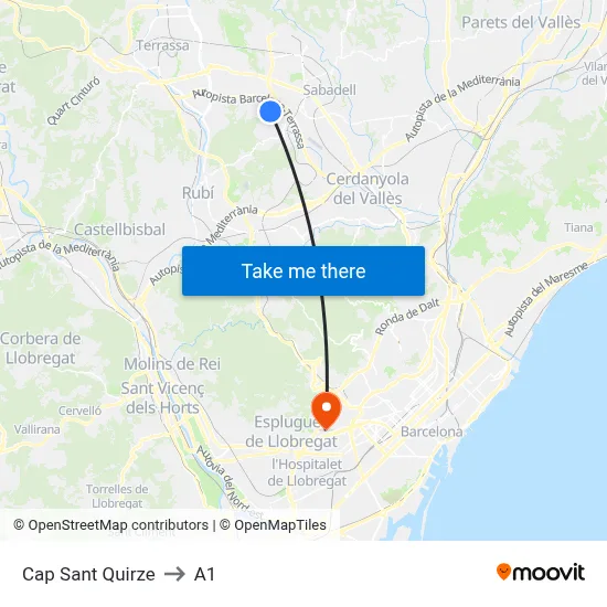 Cap Sant Quirze to A1 map