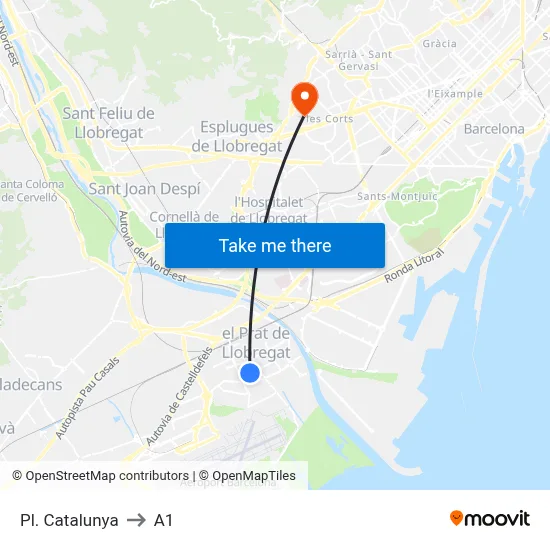 Pl. Catalunya to A1 map