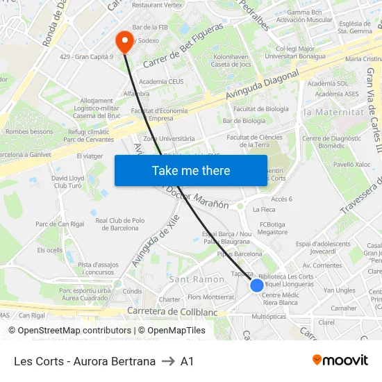 Les Corts - Aurora Bertrana to A1 map