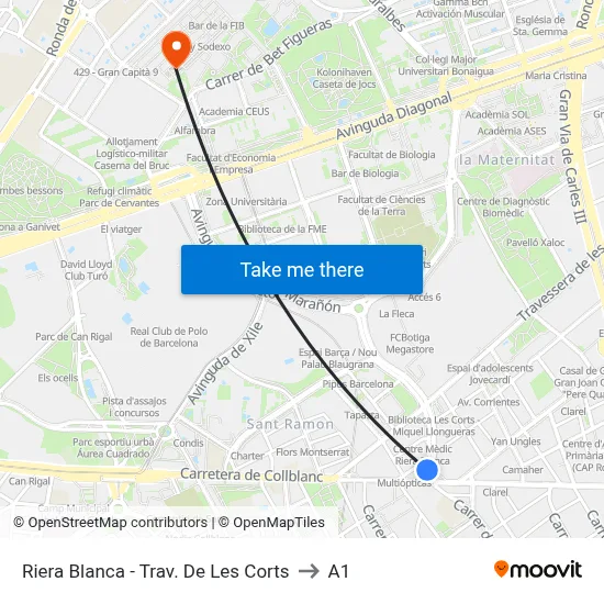 Riera Blanca - Trav. De Les Corts to A1 map