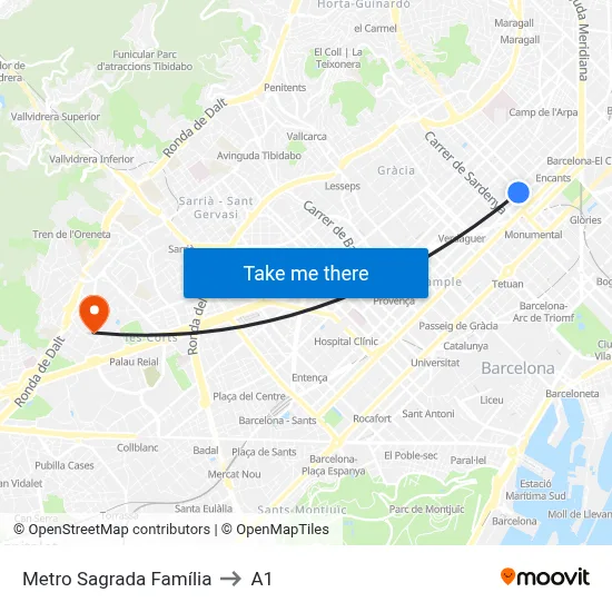 Metro Sagrada Família to A1 map