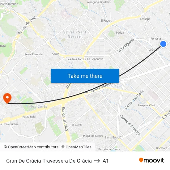 Gran De Gràcia-Travessera De Gràcia to A1 map