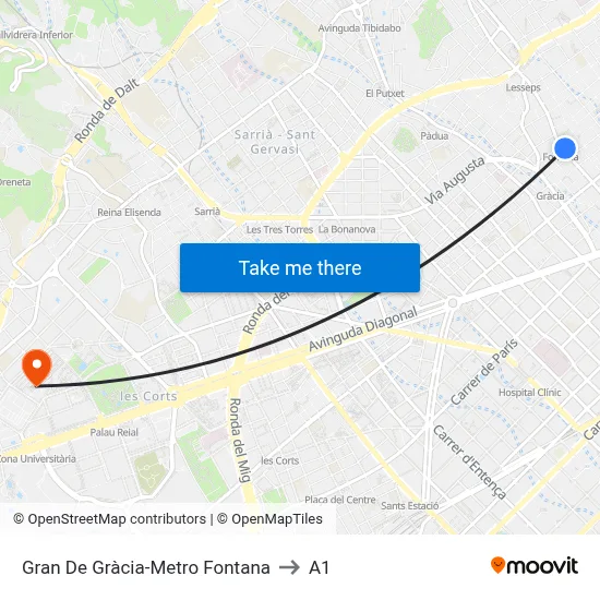 Gran De Gràcia-Metro Fontana to A1 map