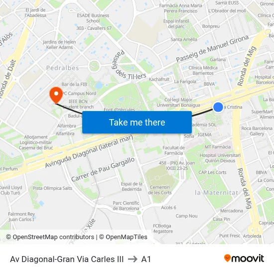 Av Diagonal-Gran Via Carles III to A1 map
