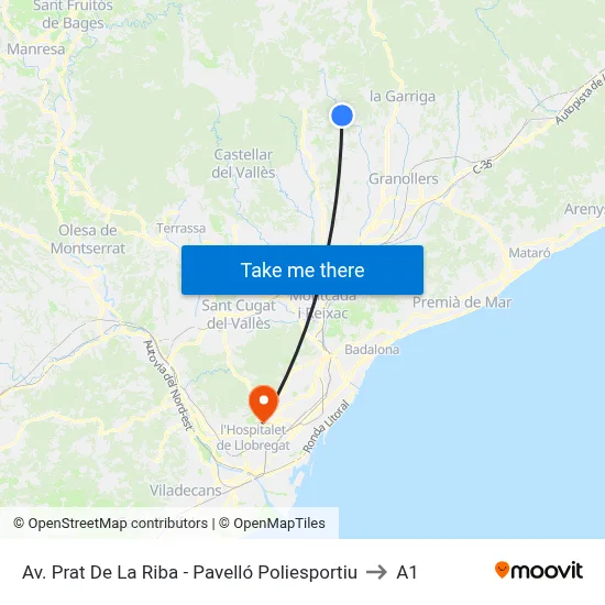 Av. Prat De La Riba - Pavelló Poliesportiu to A1 map