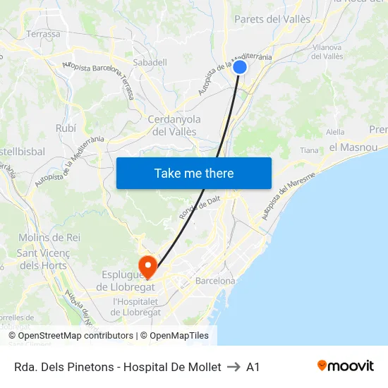 Rda. Dels Pinetons - Hospital De Mollet to A1 map
