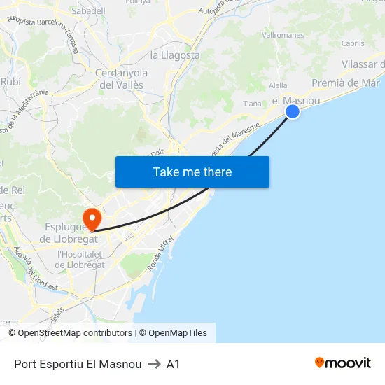 Port Esportiu El Masnou to A1 map