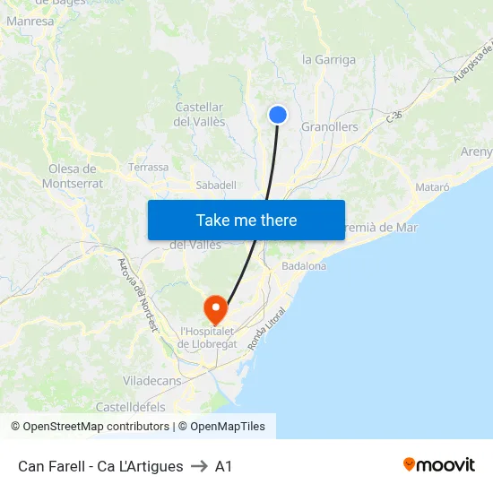 Can Farell - Ca L'Artigues to A1 map