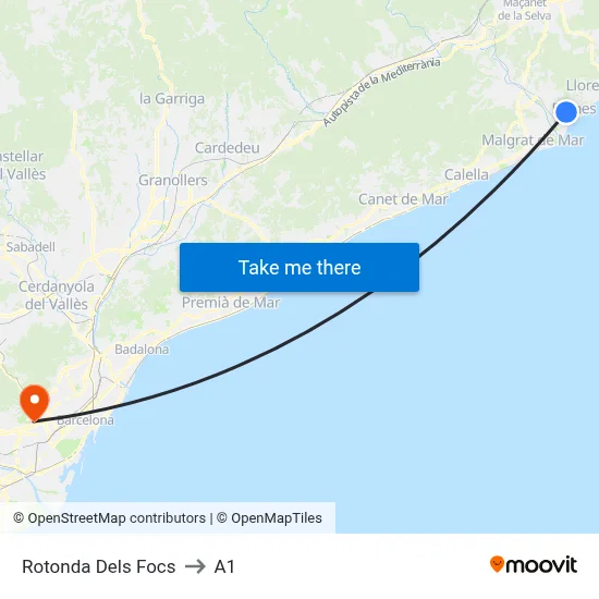 Rotonda Dels Focs to A1 map