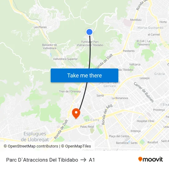 Parc D`Atraccions Del Tibidabo to A1 map