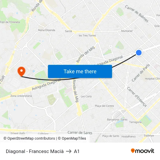 Diagonal - Francesc Macià to A1 map