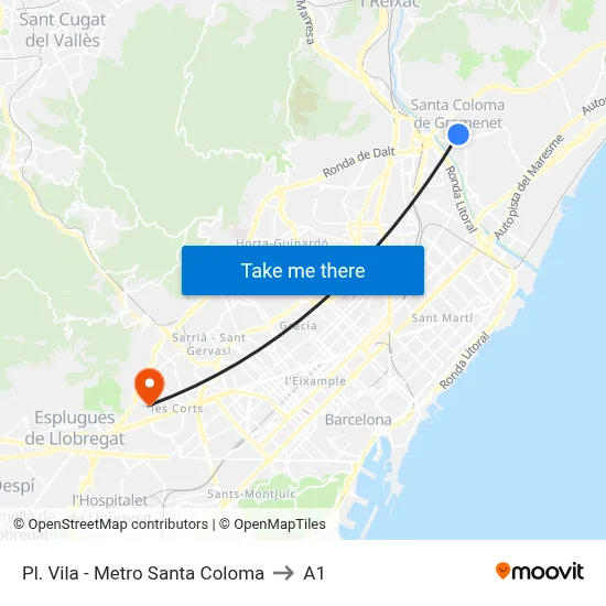 Pl. Vila - Metro Santa Coloma to A1 map