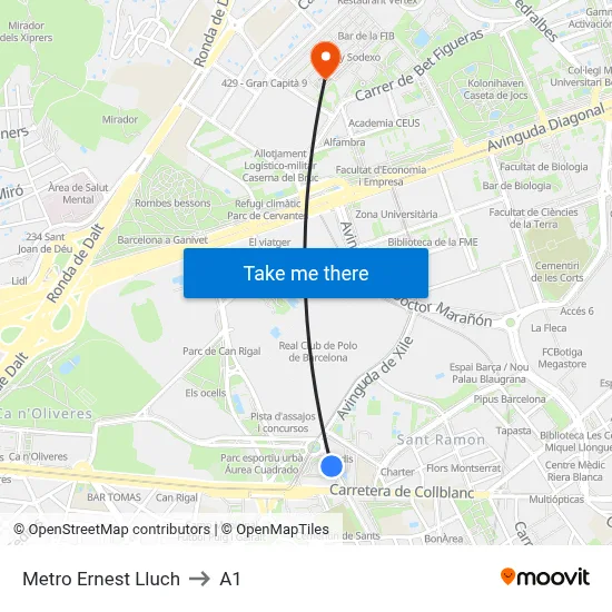 Metro Ernest Lluch to A1 map