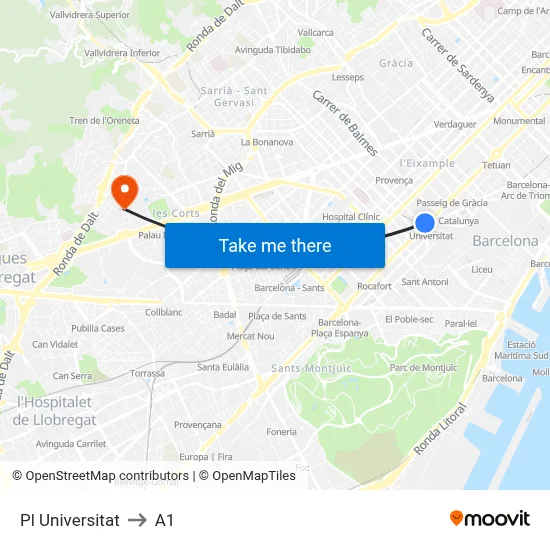 Pl Universitat to A1 map