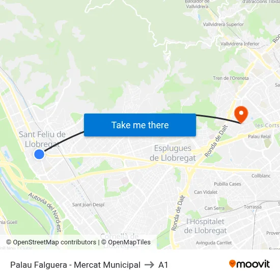 Palau Falguera - Mercat Municipal to A1 map