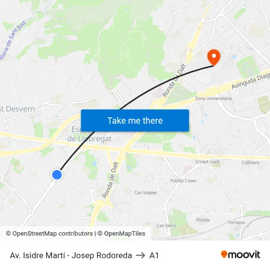 Av. Isidre Martí - Josep Rodoreda to A1 map