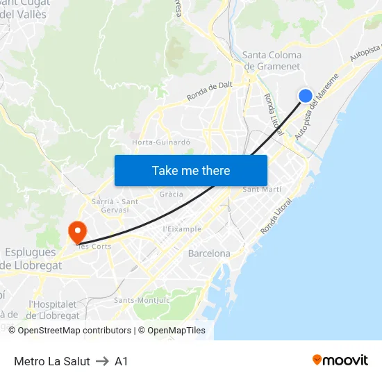 Metro La Salut to A1 map