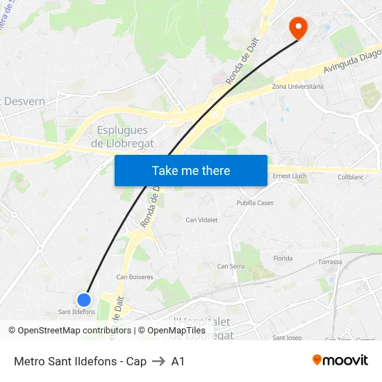 Metro Sant Ildefons - Cap to A1 map