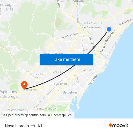 Nova Lloreda to A1 map