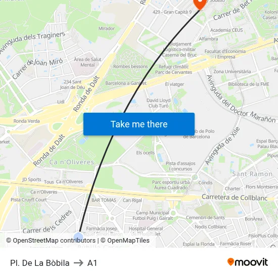 Pl. De La Bòbila to A1 map