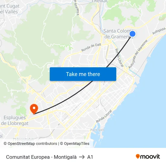 Comunitat Europea - Montigalà to A1 map