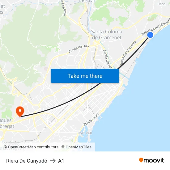 Riera De Canyadó to A1 map